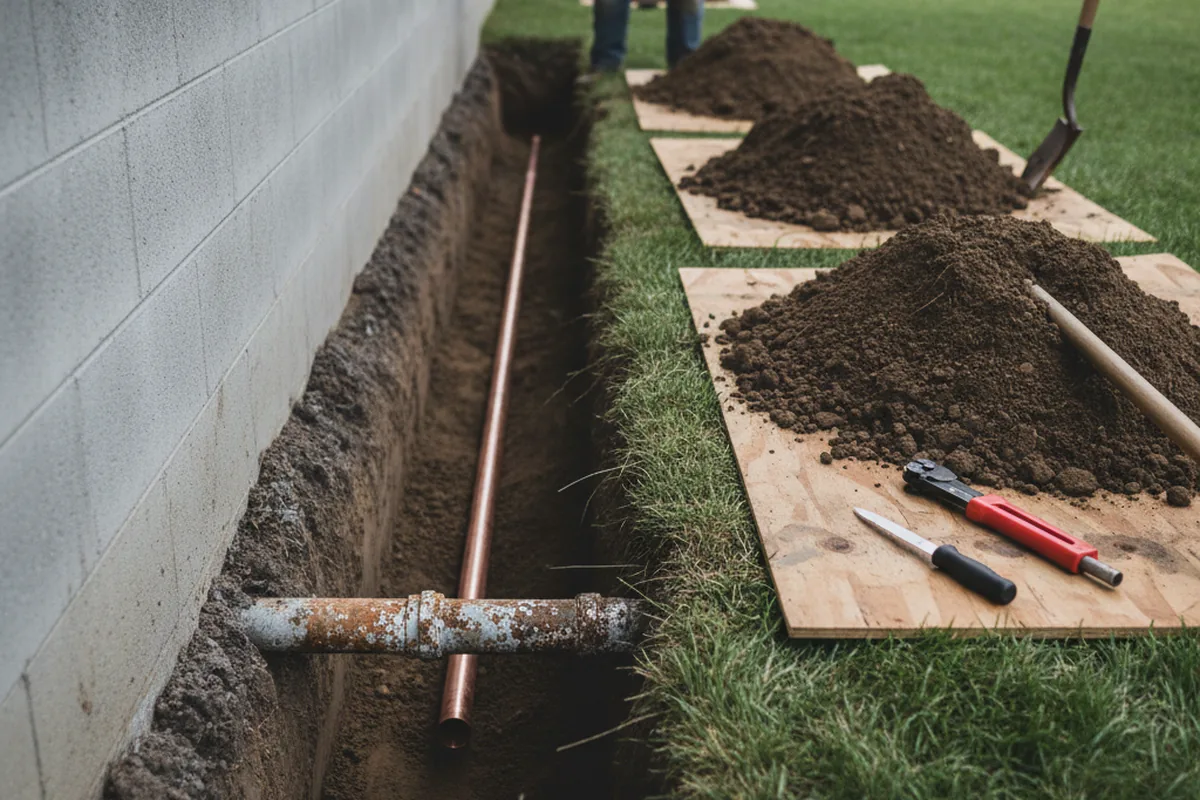 Excavated water line trench during Water Softener Installation in Candor